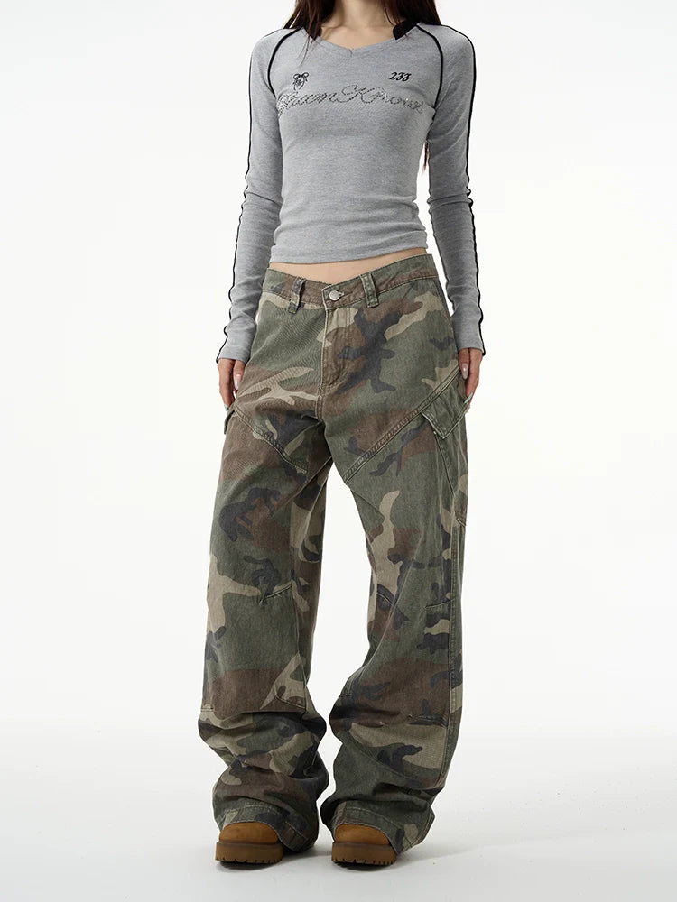 Baggy camo cargo pants with utility pockets and a wide-leg fit