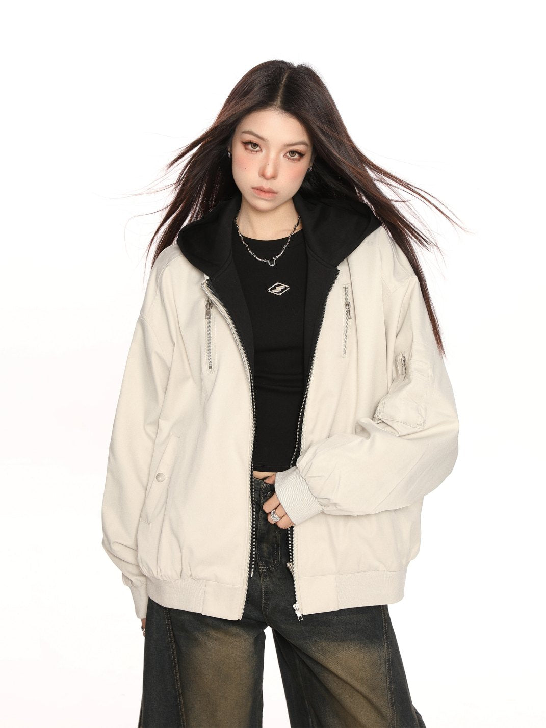 Hooded Bomber Jacket Faux 2 Piece Design