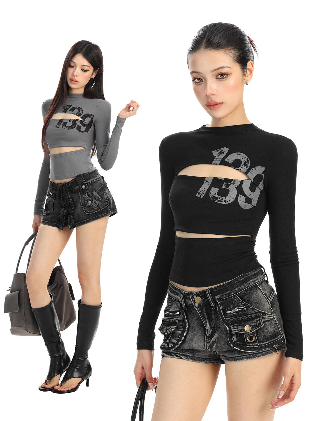 Cutout Number Graphic Long-Sleeve Top