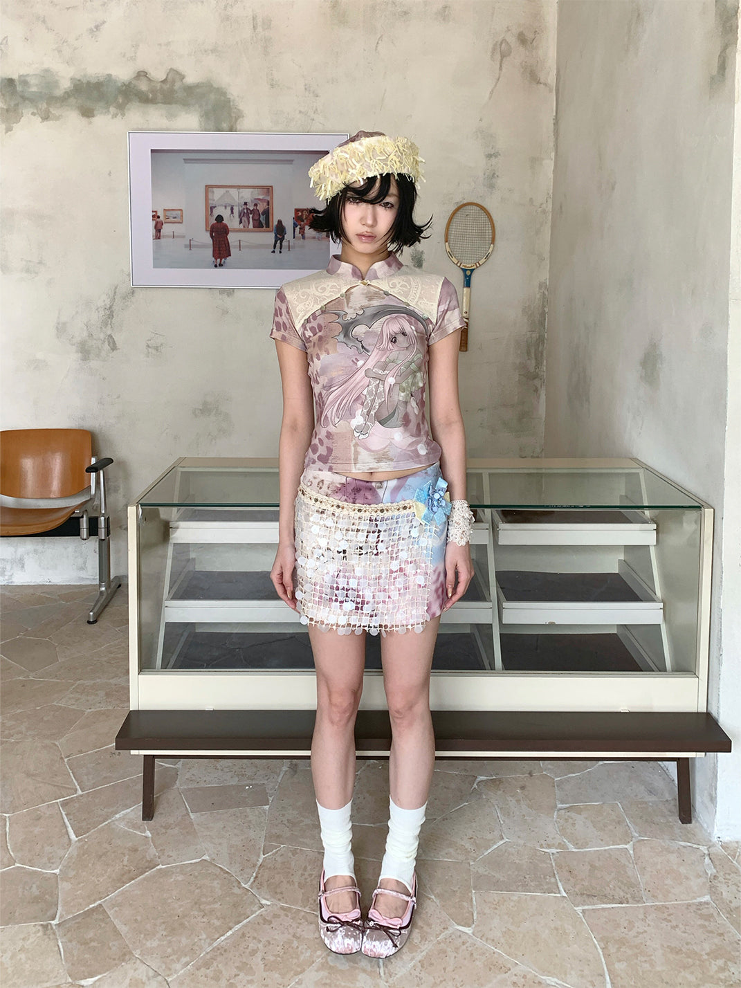 Lace-Spliced Cheongsam Collar Tee