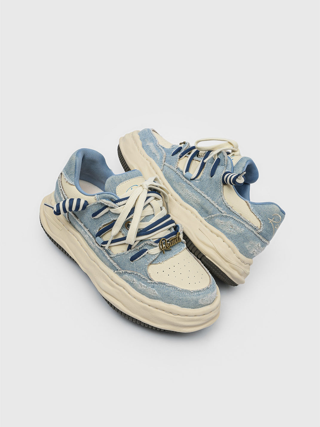 Distressed Denim Wavy Sole Sneakers with Dual-Lace Design