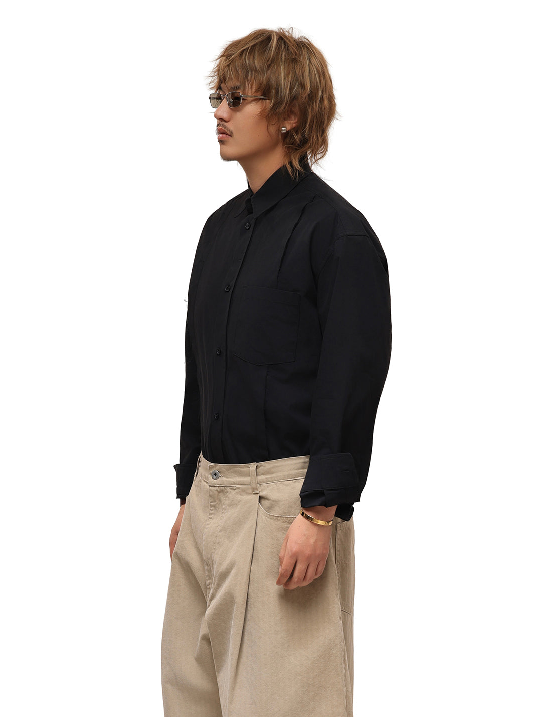 Patchwork Basic Black Cotton Poplin Embroidered Shirt