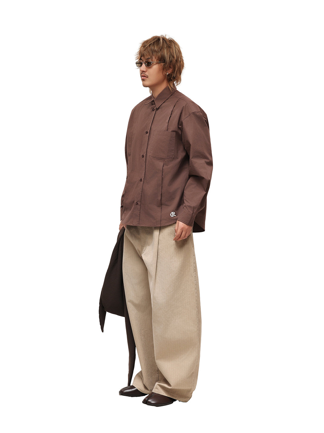 Patchwork Basic Brown Cotton Poplin Embroidered Shirt