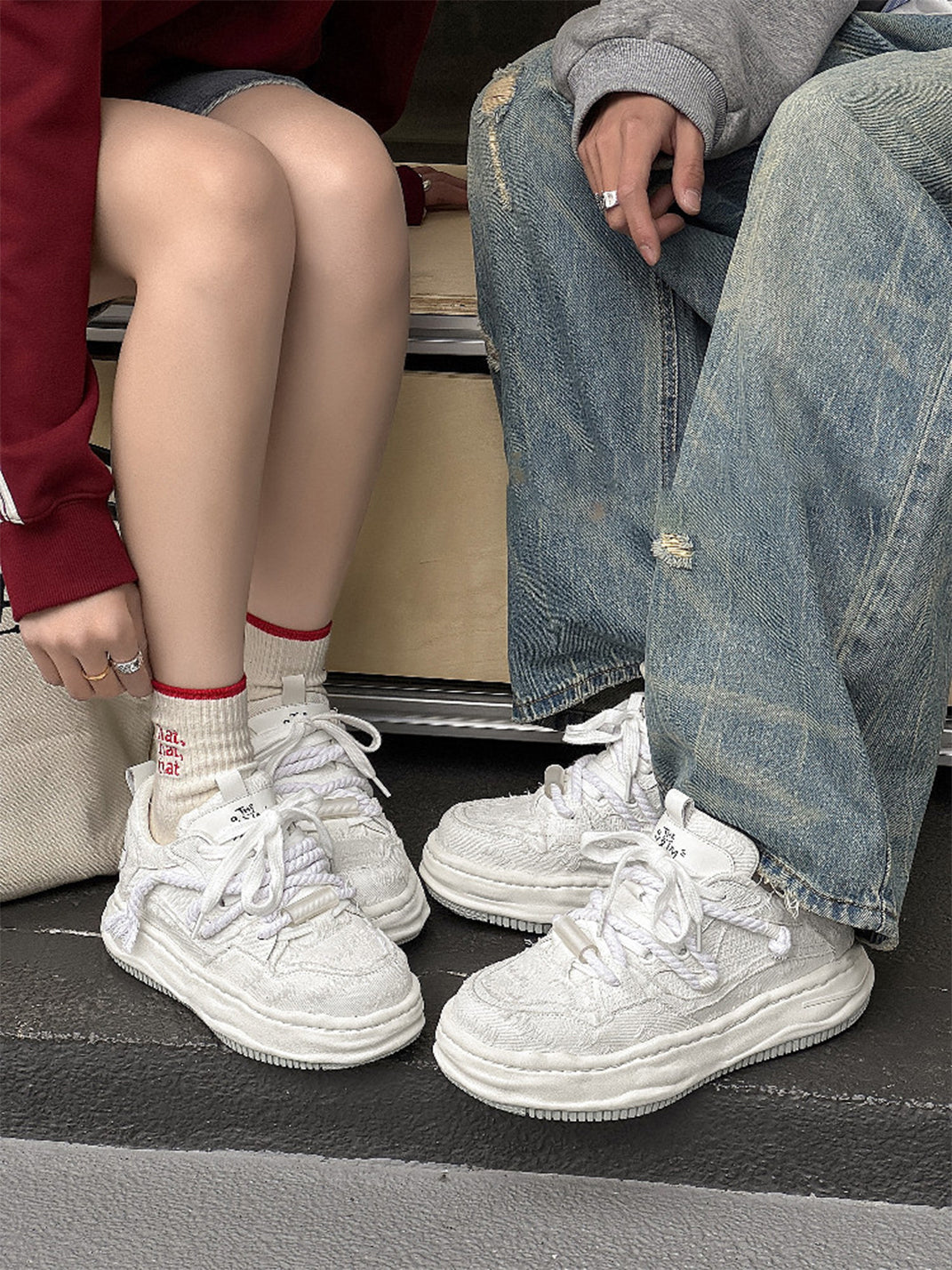 Frayed Fabric Wavy Sole Chunky Sneakers