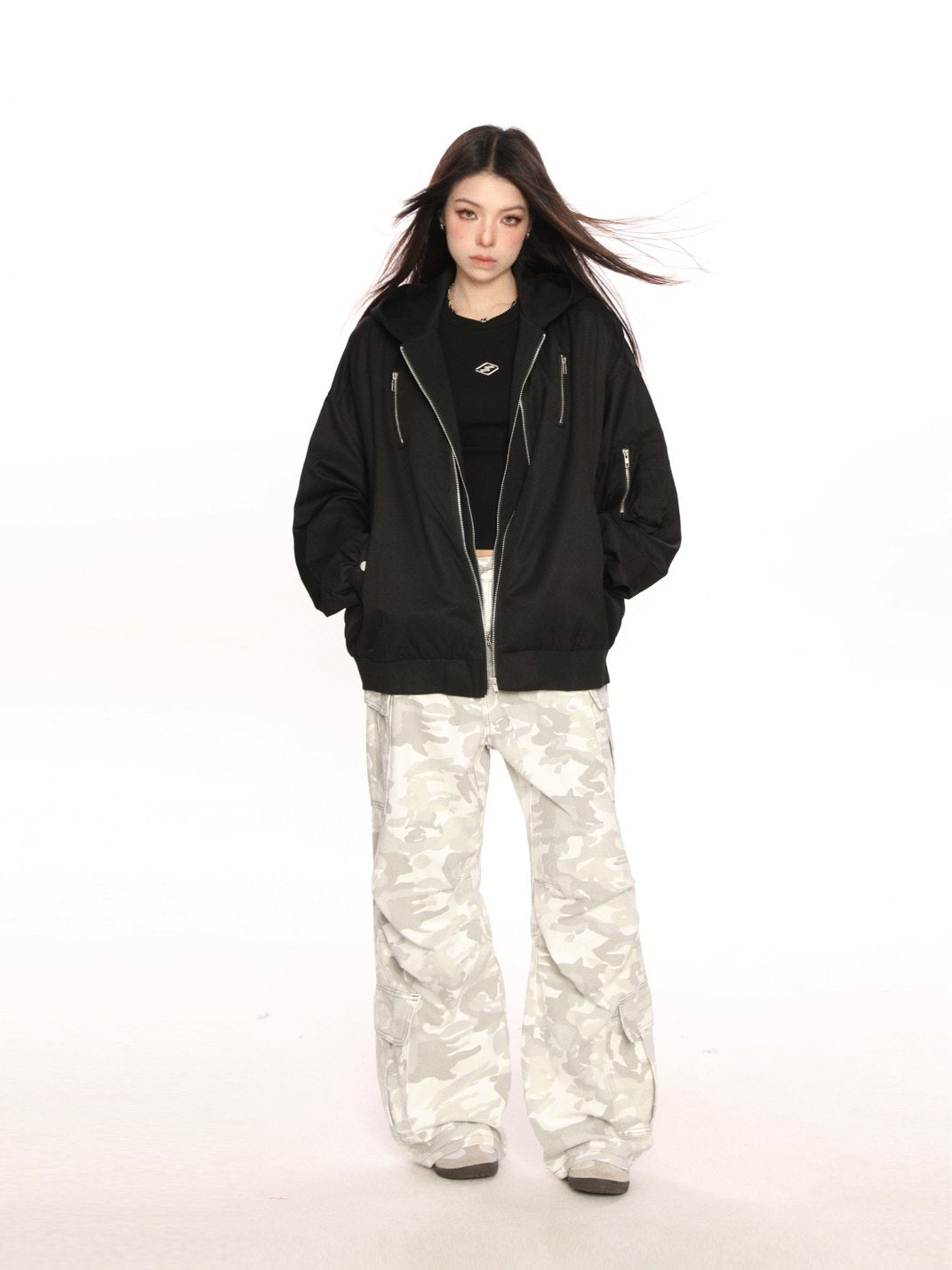 Hooded Bomber Jacket Faux 2 Piece Design