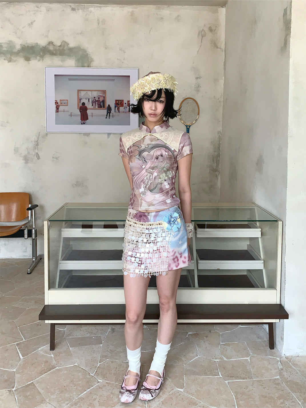Lace-Spliced Cheongsam Collar Tee