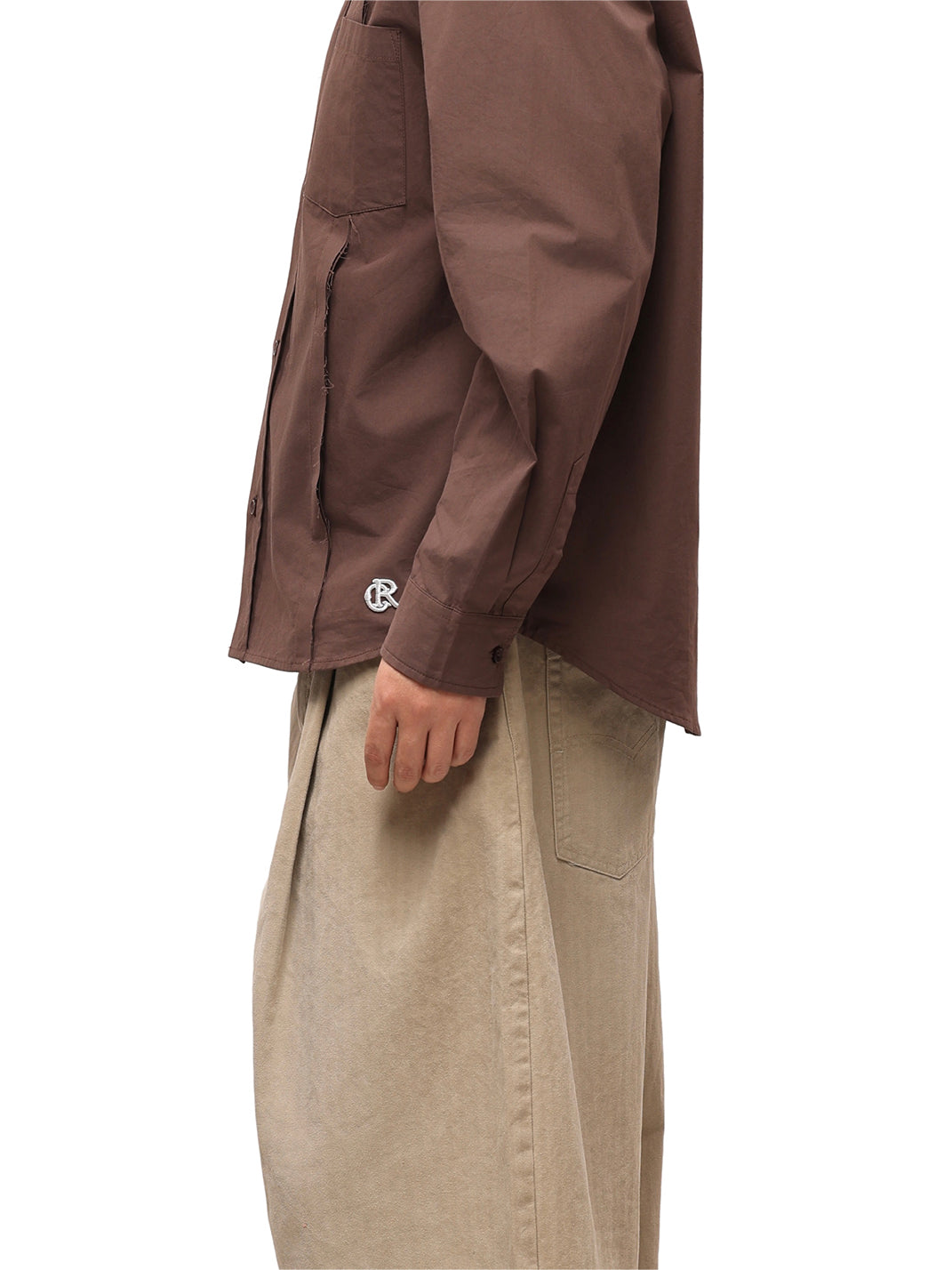 Patchwork Basic Brown Cotton Poplin Embroidered Shirt