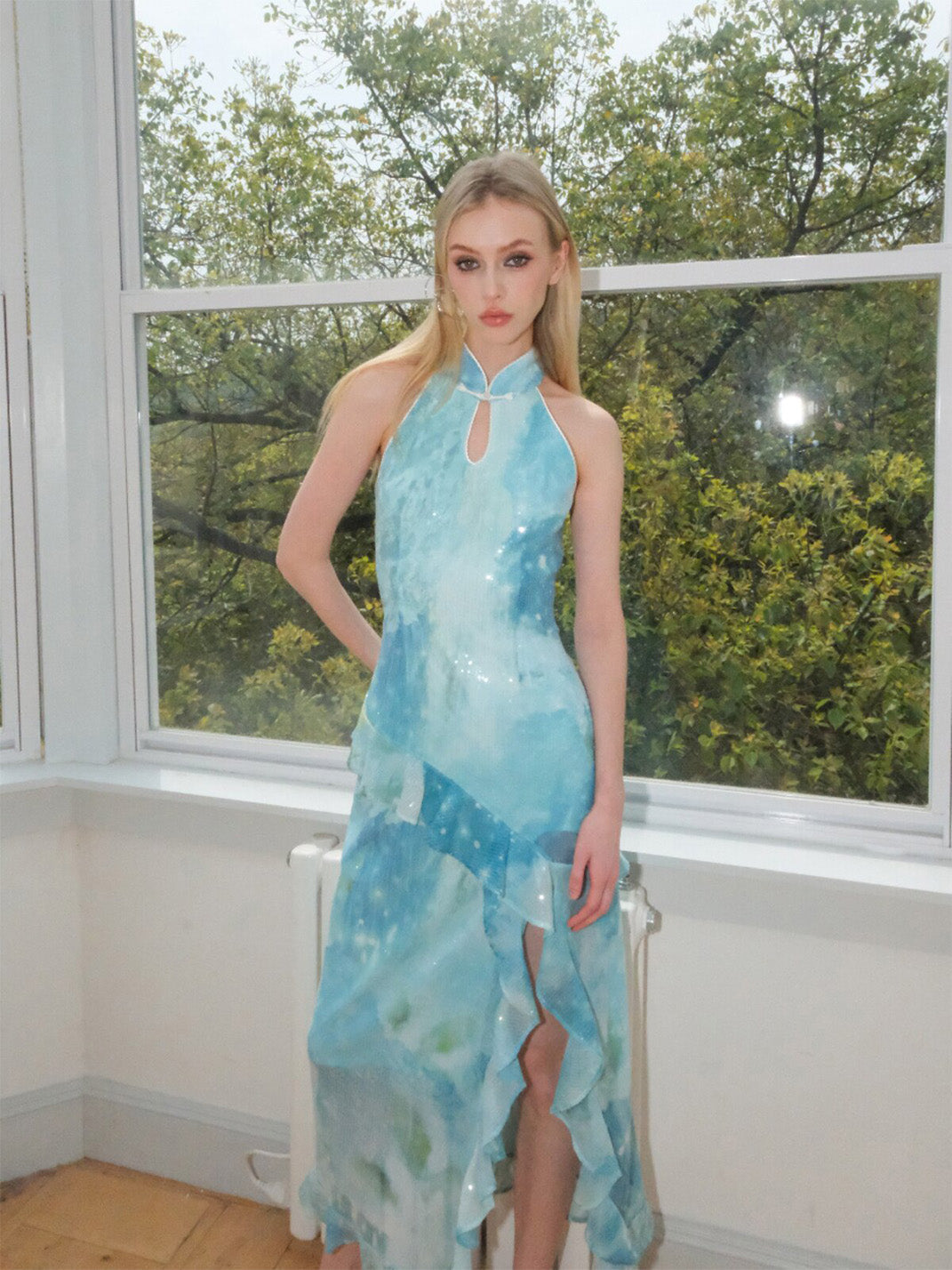 Mint Sequin Ruffle Cheongsam Dress