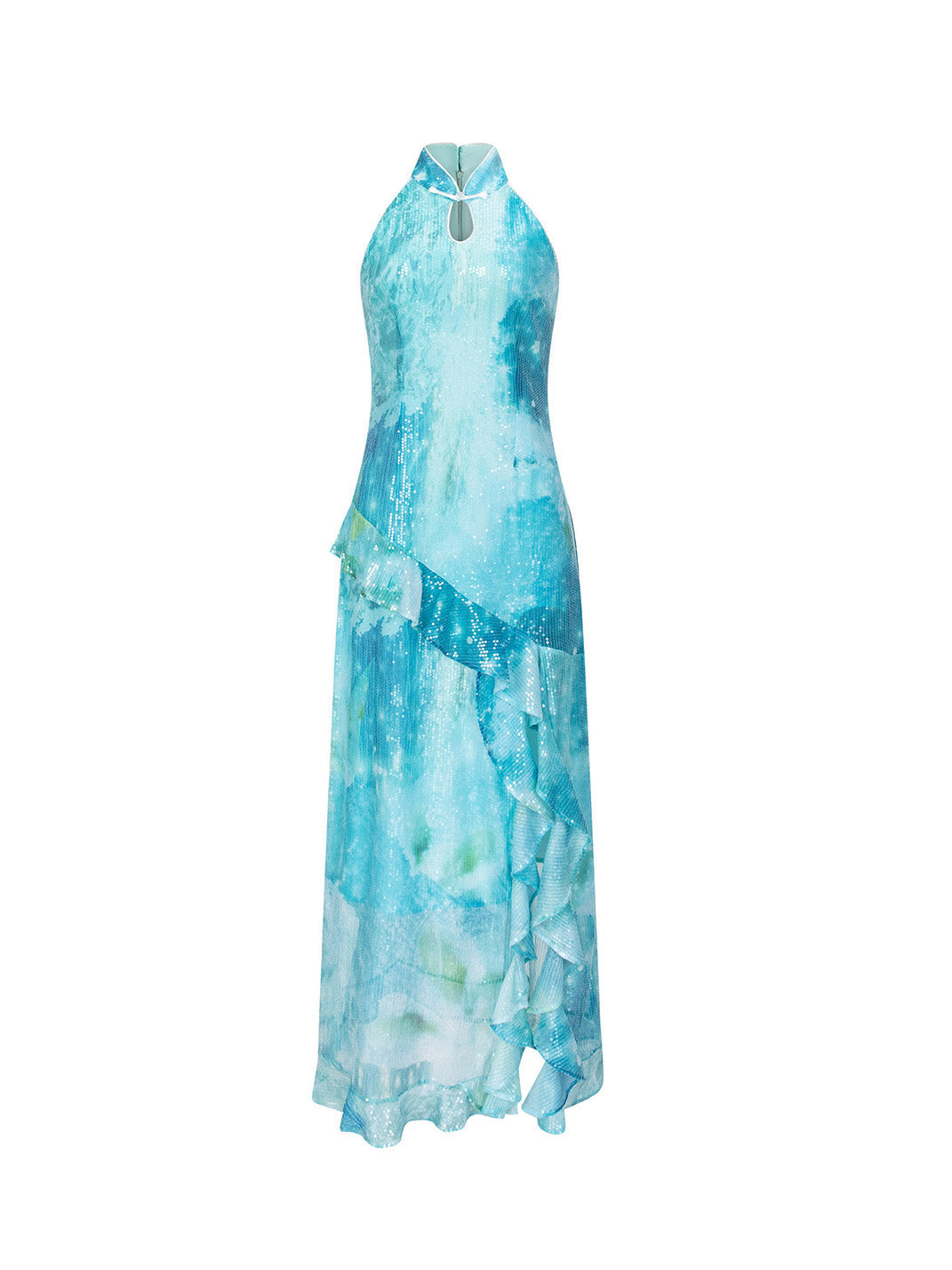 Mint Sequin Ruffle Cheongsam Dress