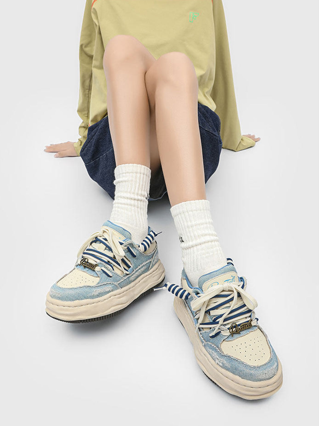 Distressed Denim Wavy Sole Sneakers with Dual-Lace Design