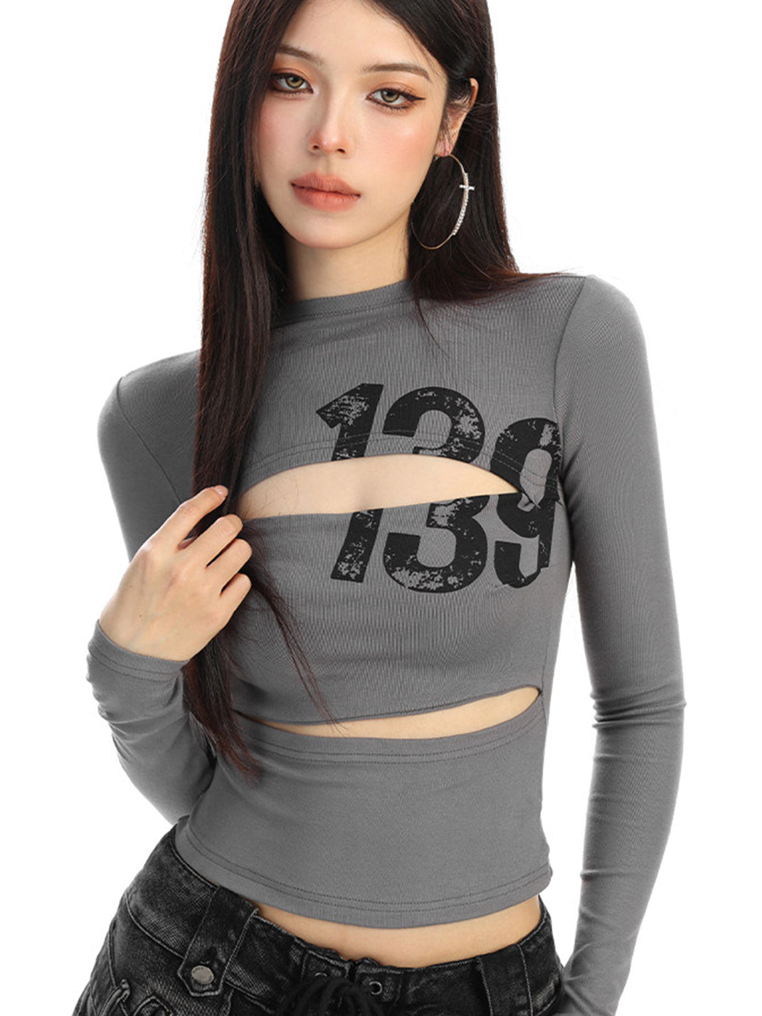 Cutout Number Graphic Long-Sleeve Top