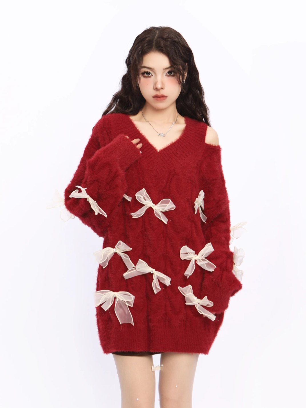 Off Shoulder Red Bow Knit Sweater
