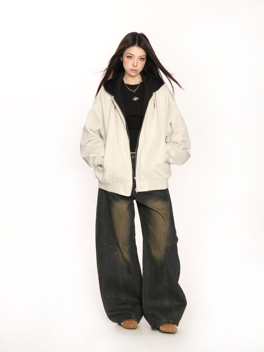 Hooded Bomber Jacket Faux 2 Piece Design