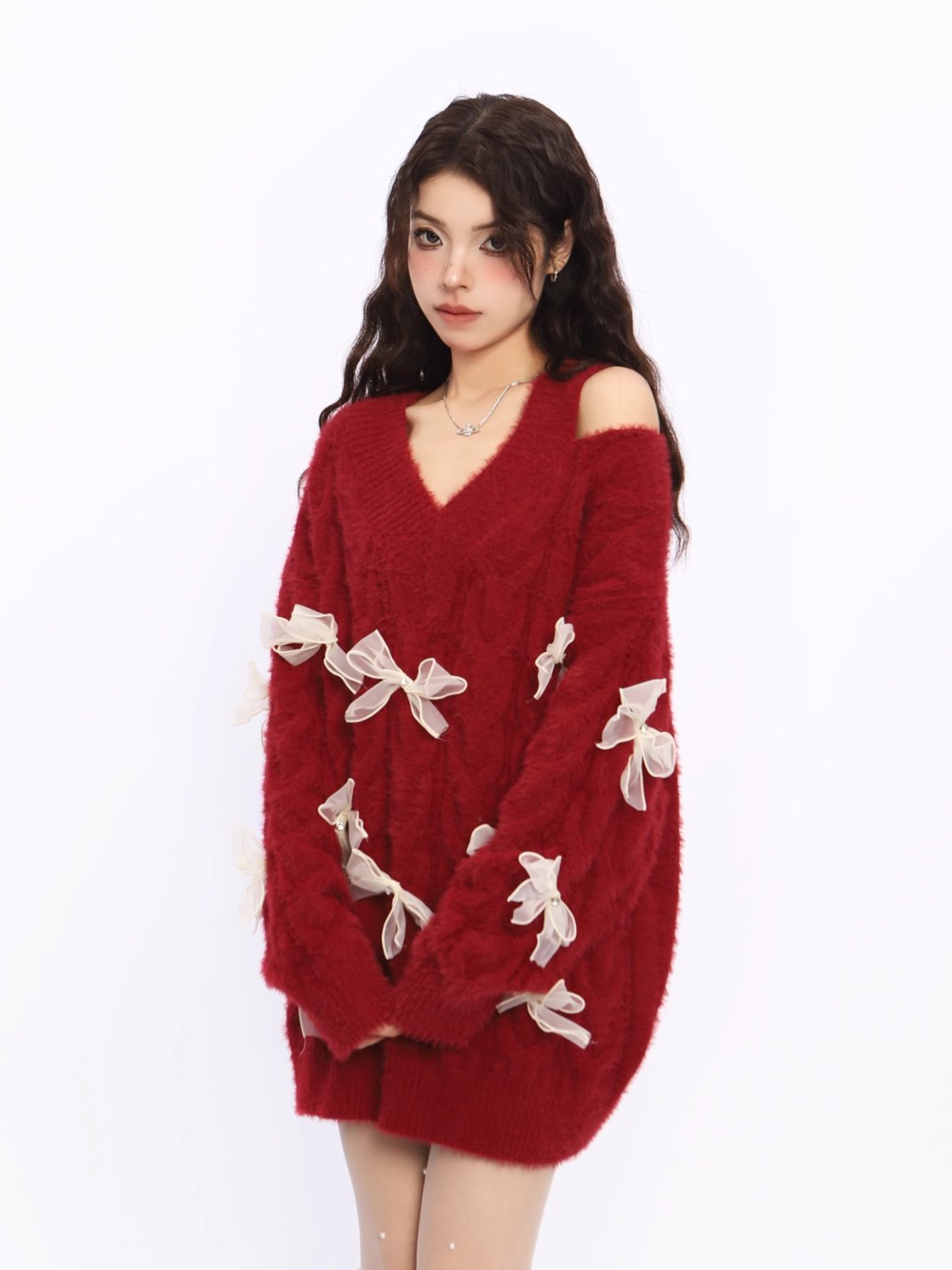 Off Shoulder Red Bow Knit Sweater