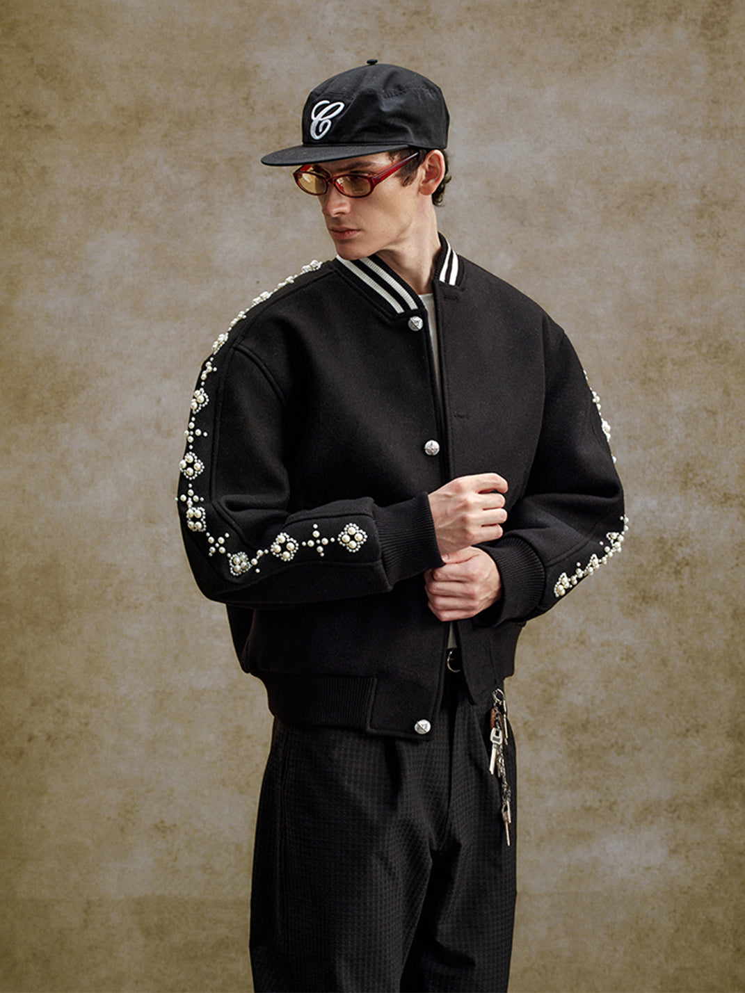 Quilted Pearl Beaded Baseball Jacket