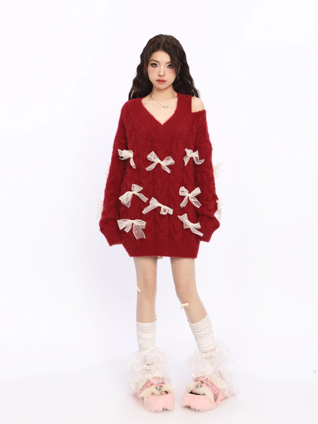 Off Shoulder Red Bow Knit Sweater