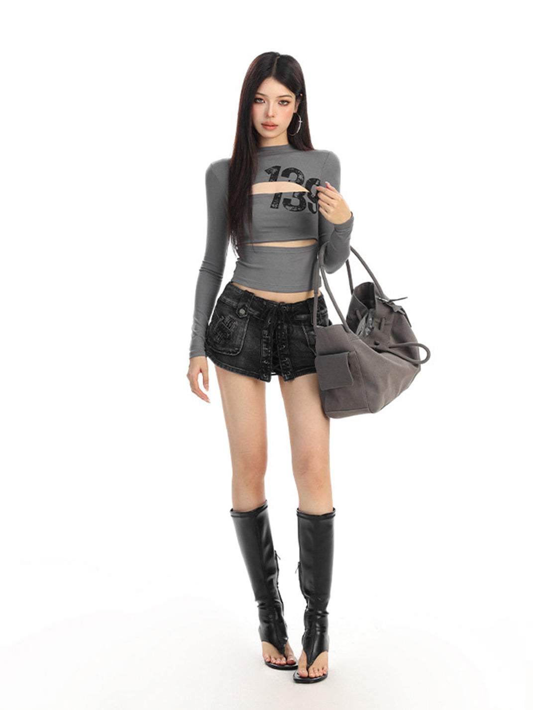 Cutout Number Graphic Long-Sleeve Top
