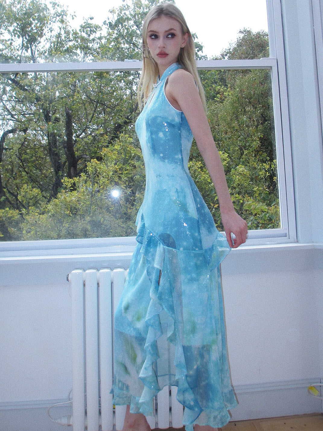 Mint Sequin Ruffle Cheongsam Dress