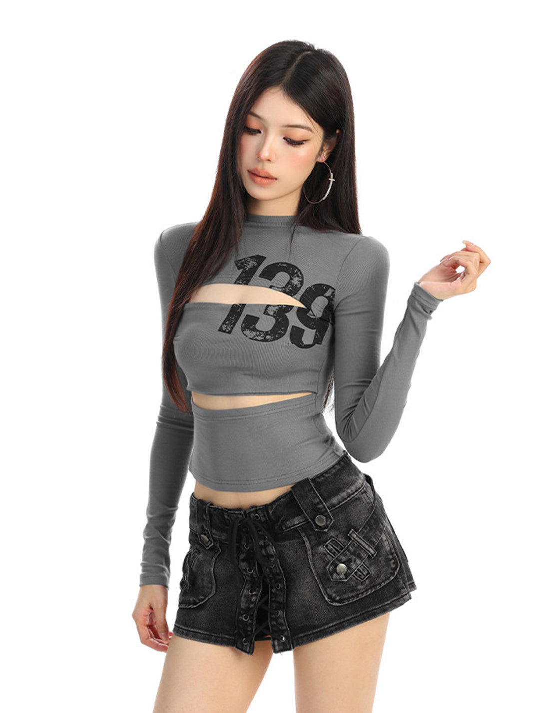 Cutout Number Graphic Long-Sleeve Top