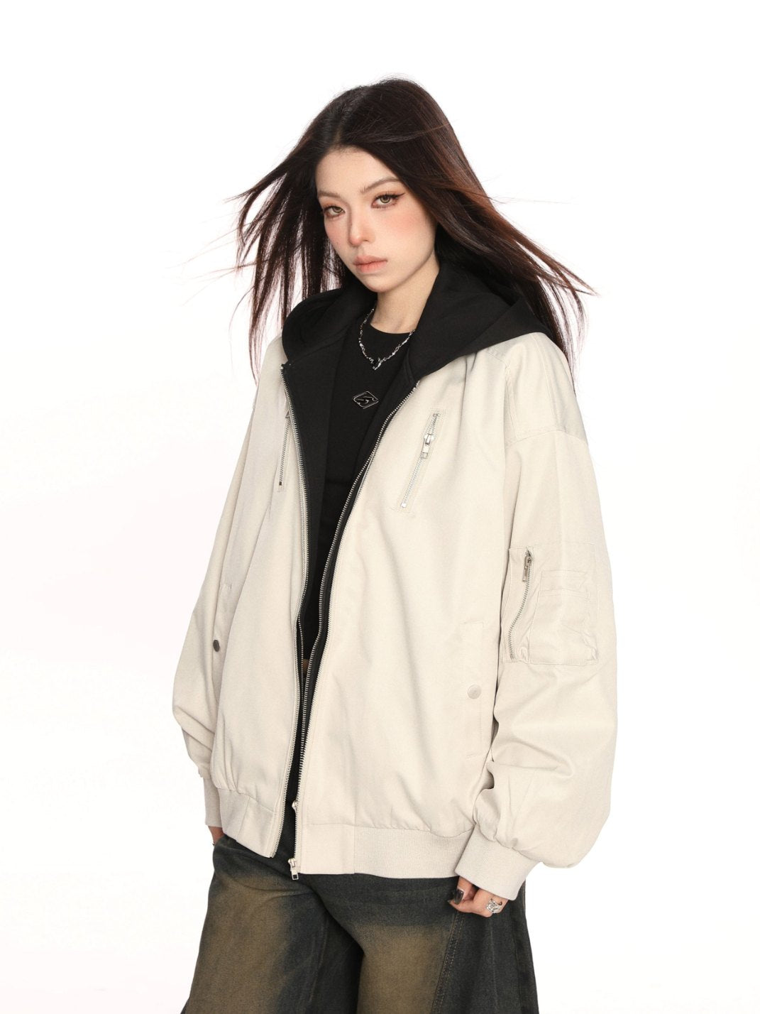 Hooded Bomber Jacket Faux 2 Piece Design