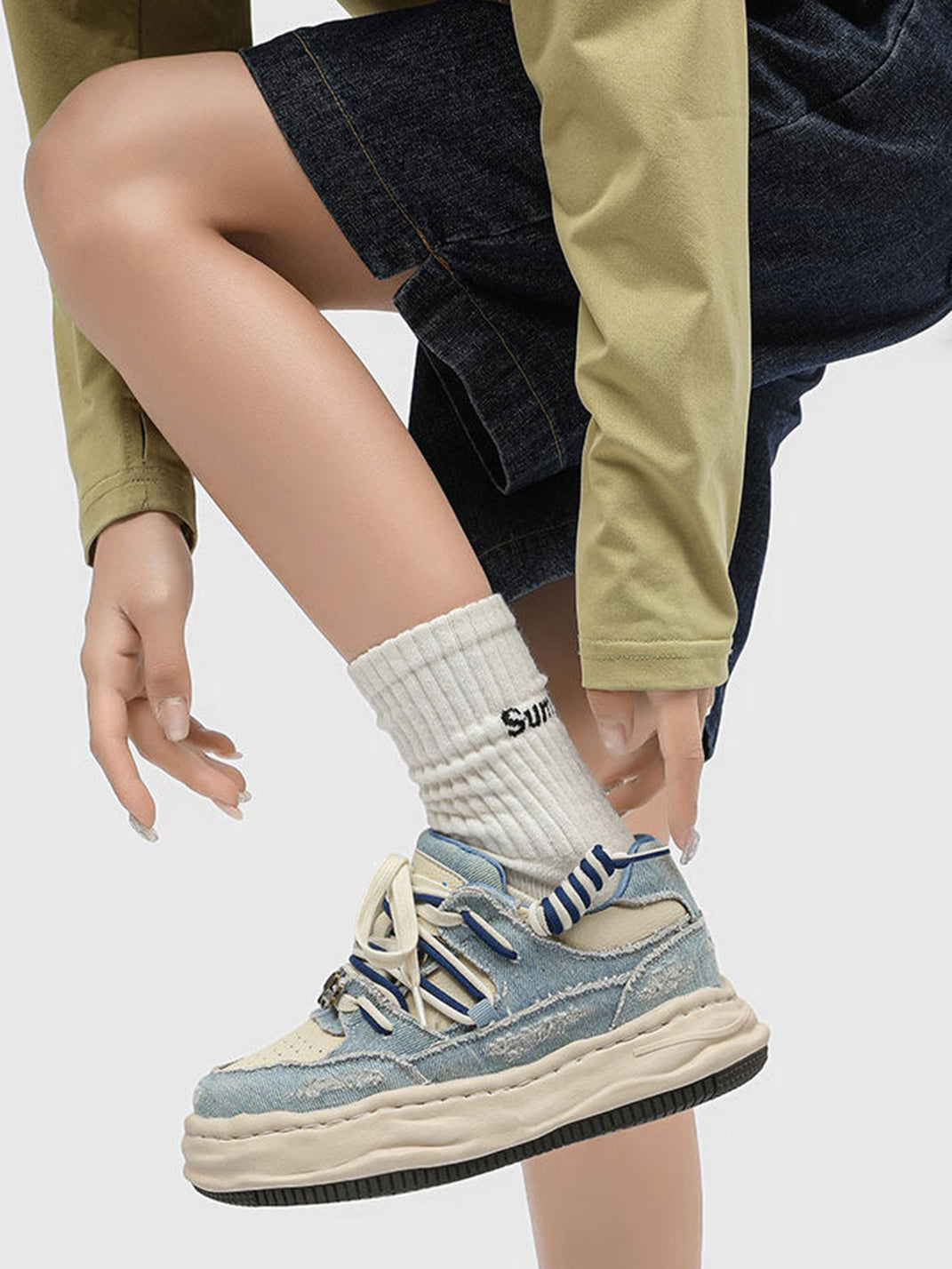 Distressed Denim Wavy Sole Sneakers with Dual-Lace Design