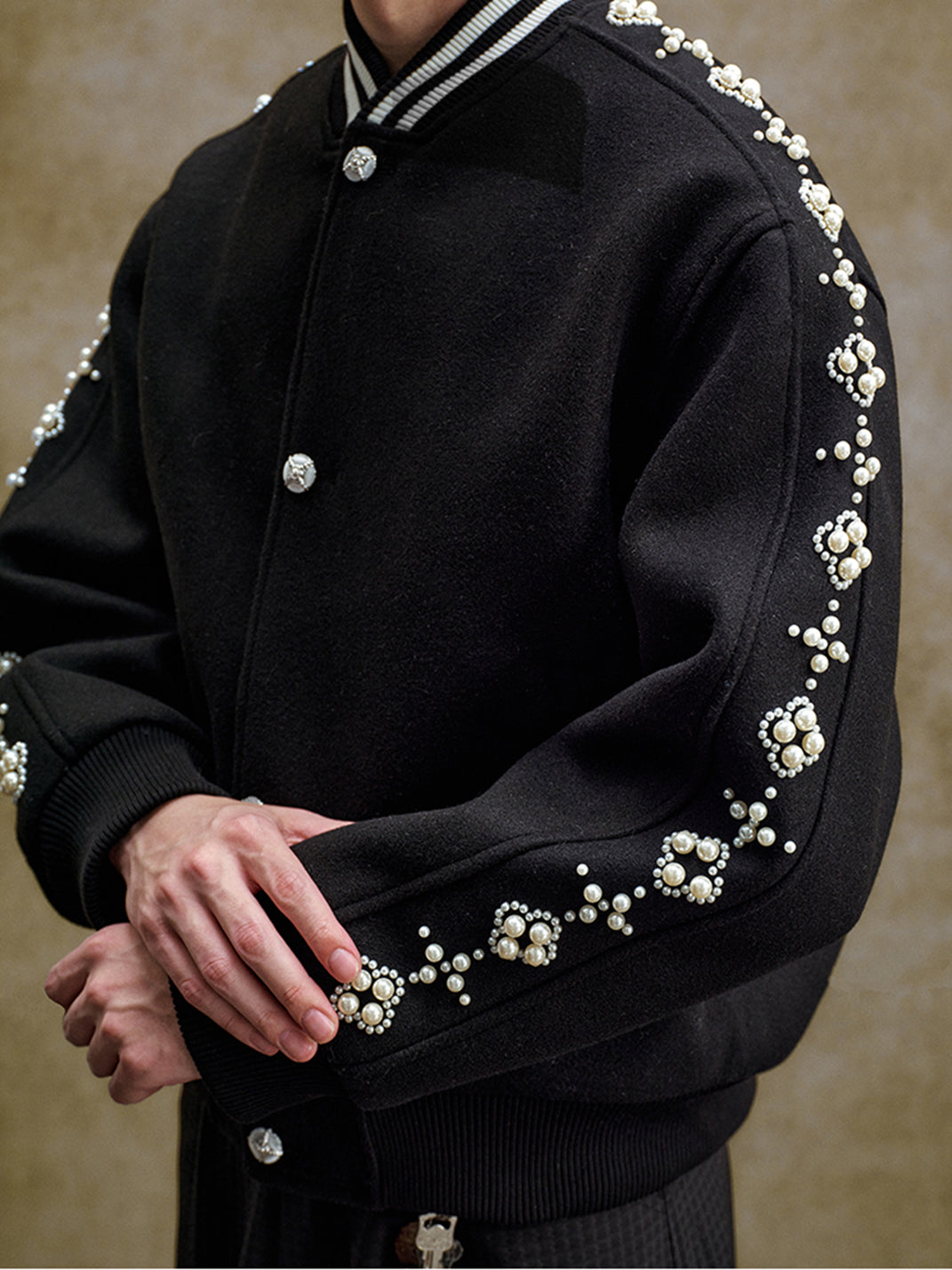 Quilted Pearl Beaded Baseball Jacket