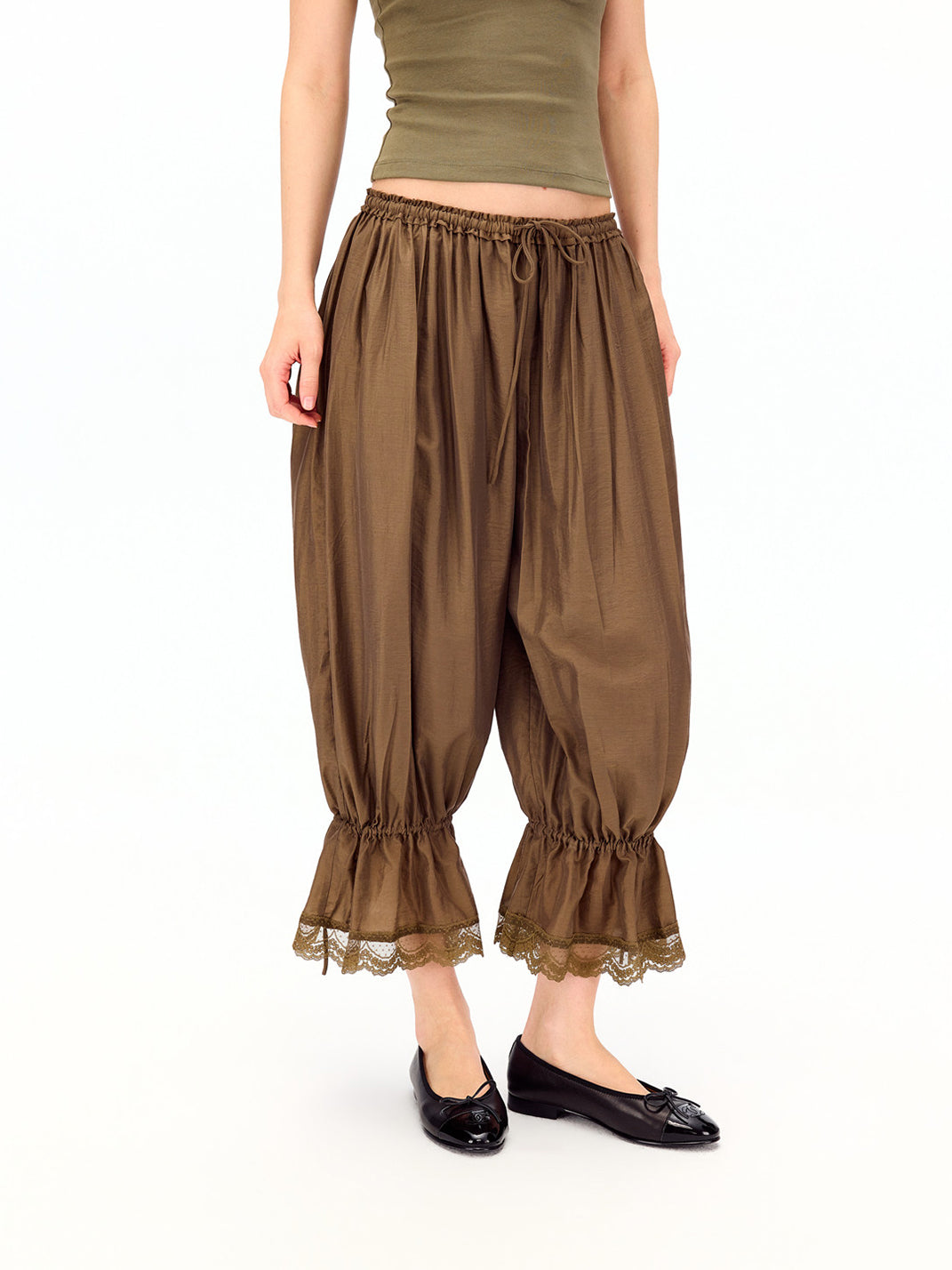Lace Hem Drawstring Cropped Balloon Pants