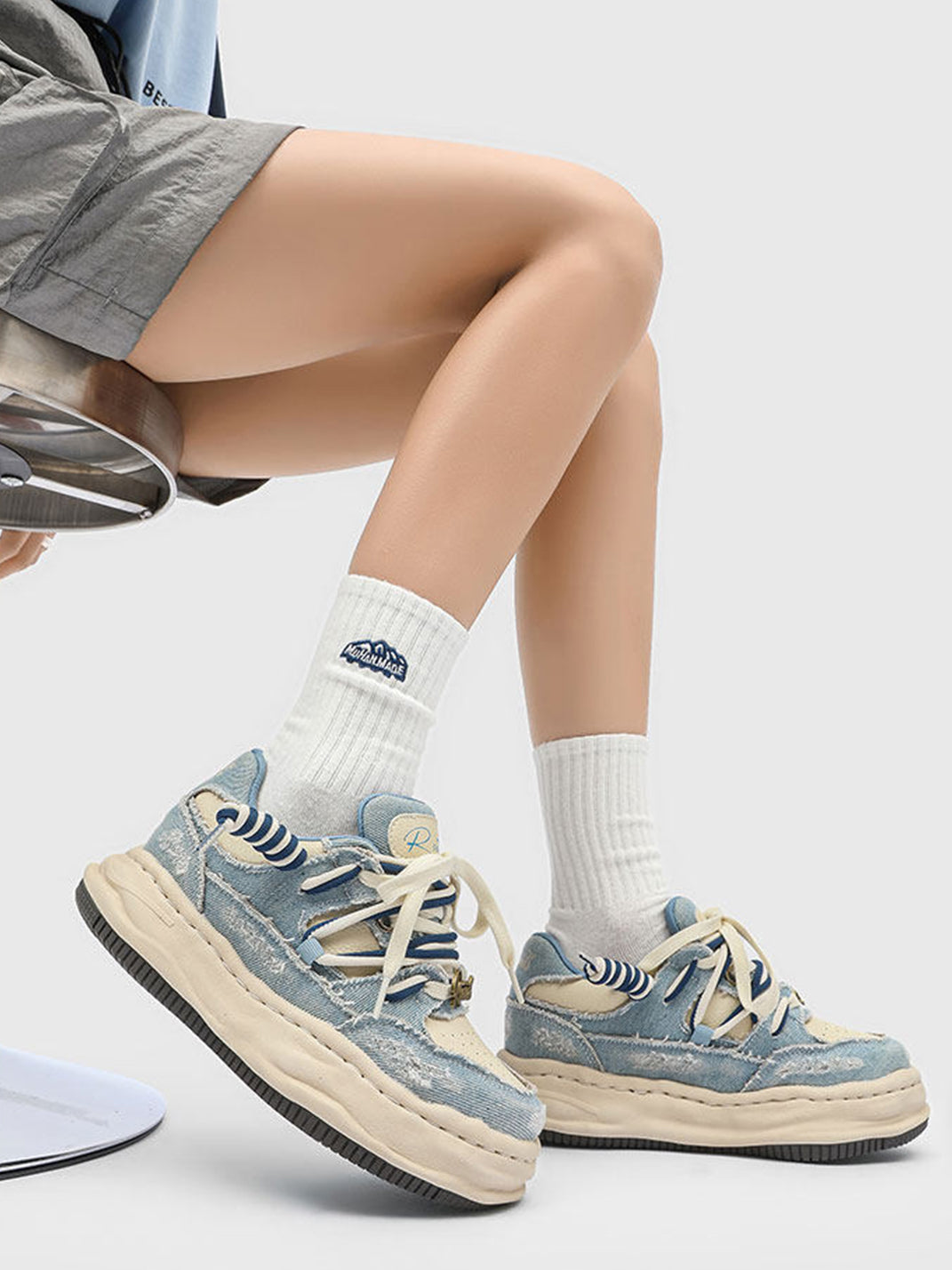 Distressed Denim Wavy Sole Sneakers with Dual-Lace Design