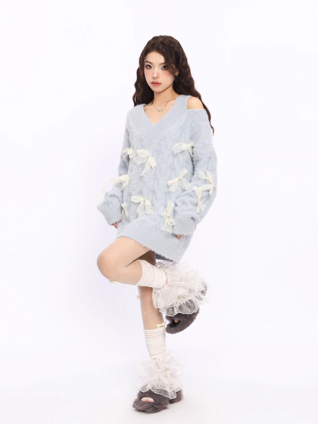 Off Shoulder Red Bow Knit Sweater