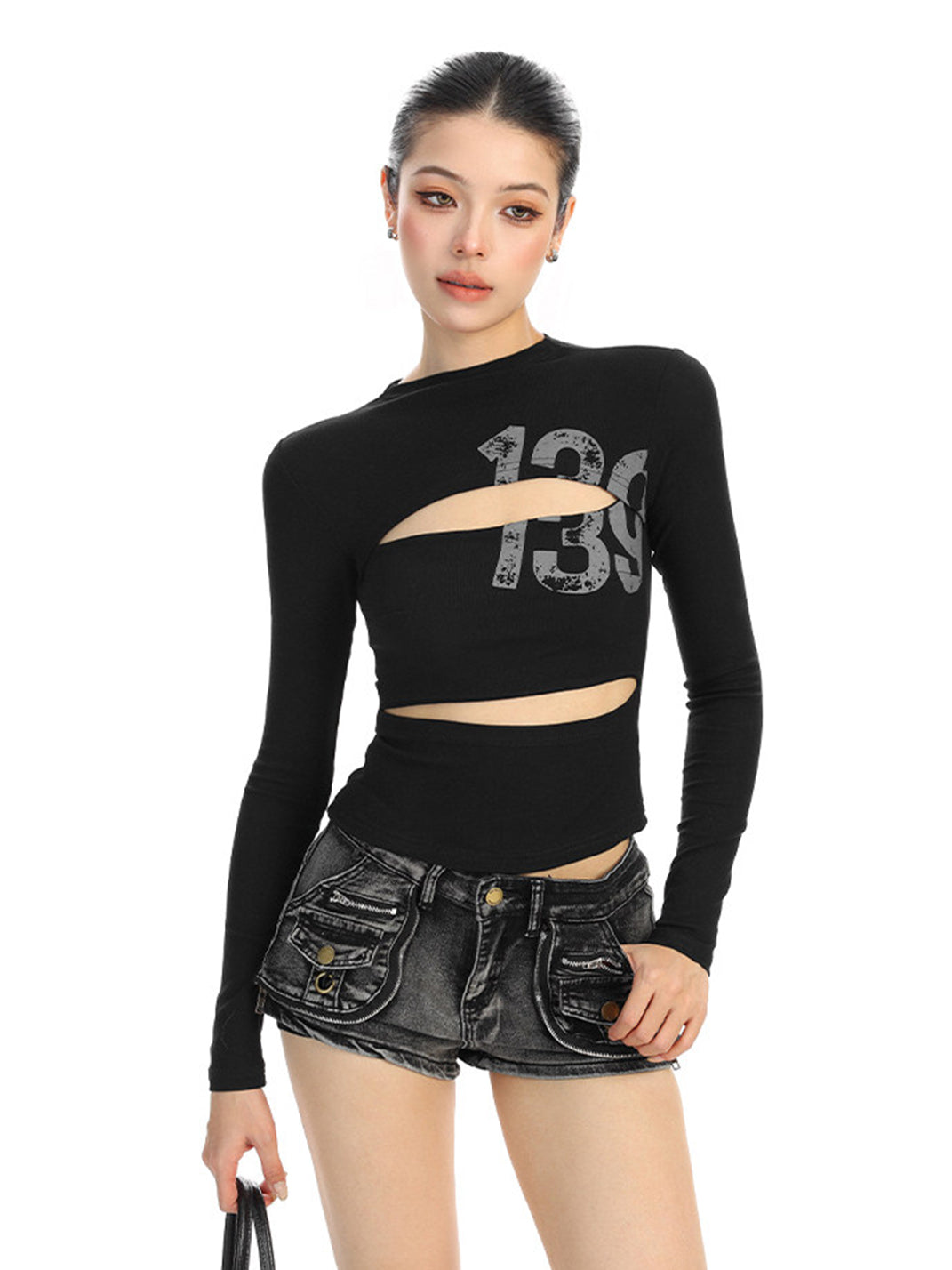 Cutout Number Graphic Long-Sleeve Top