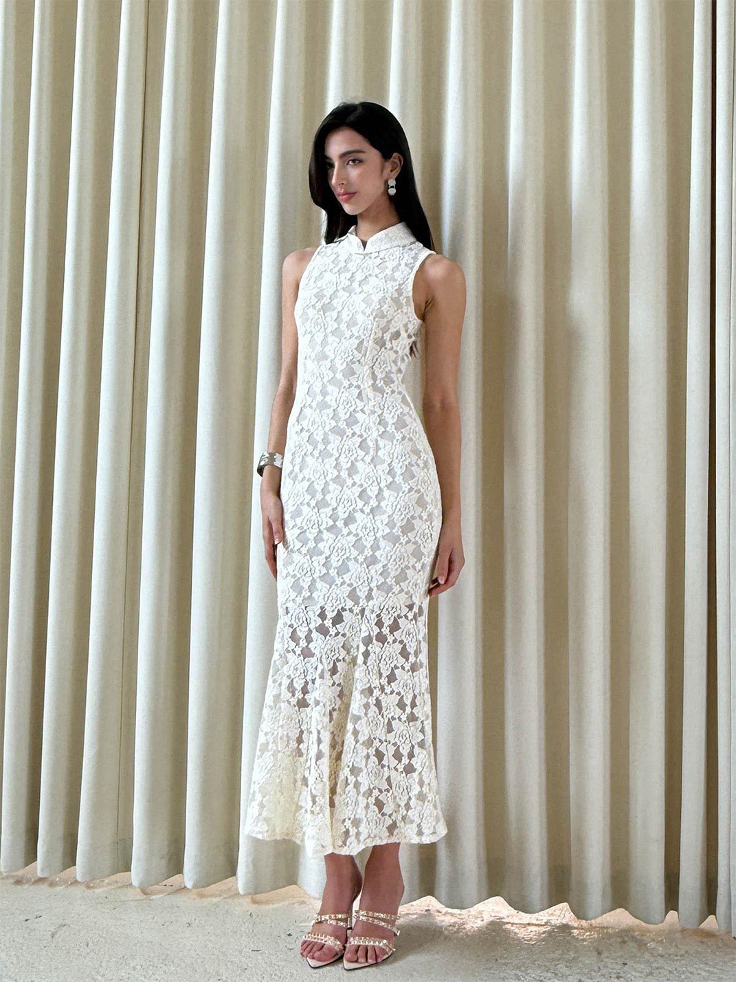 White Lace Cutout Cheongsam Dress