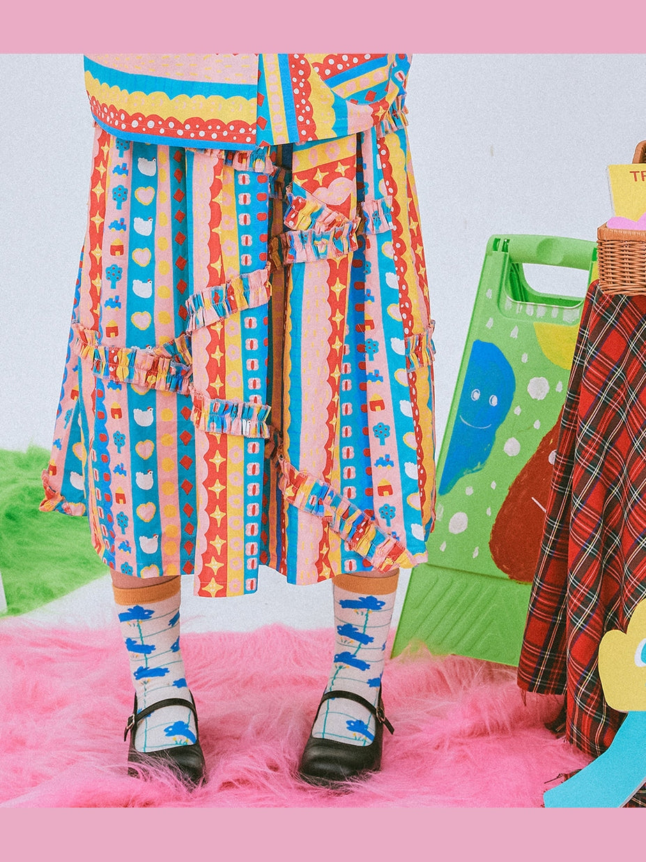 Kawaii Stripe Ruffle Midi Skirt