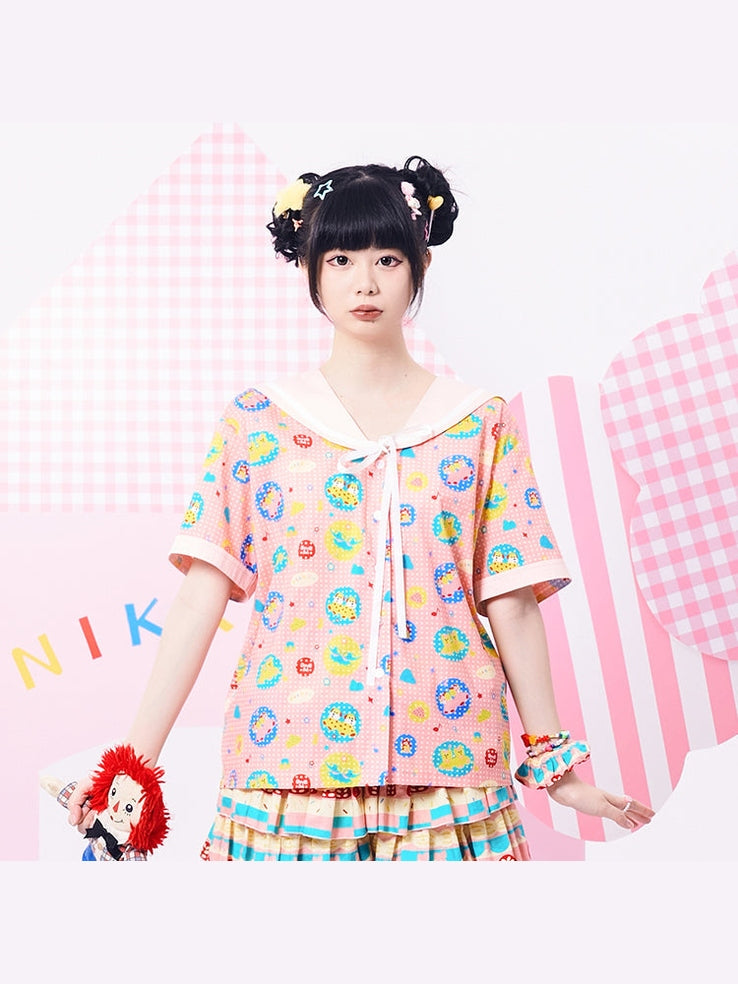 Pink Floral Sailor Collar Short Blouse