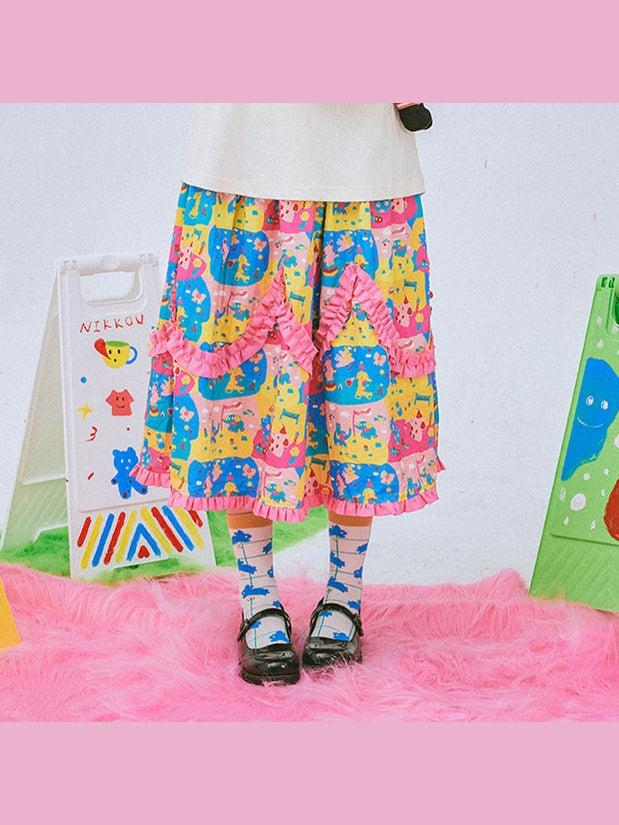 Colorful Cute Ruffle Midi Skirt