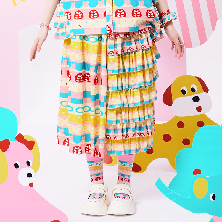Pastel Mushroom Print Tiered Midi Skirt