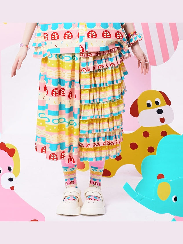 Pastel Mushroom Print Tiered Midi Skirt