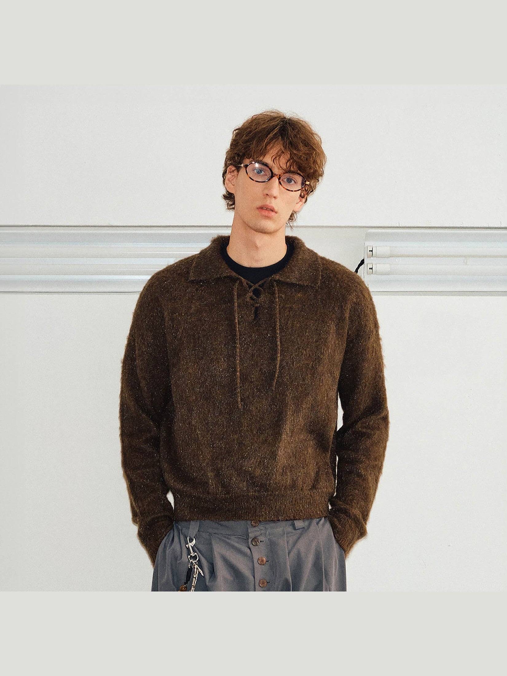 Brown Lace-Up Mohair Sweater