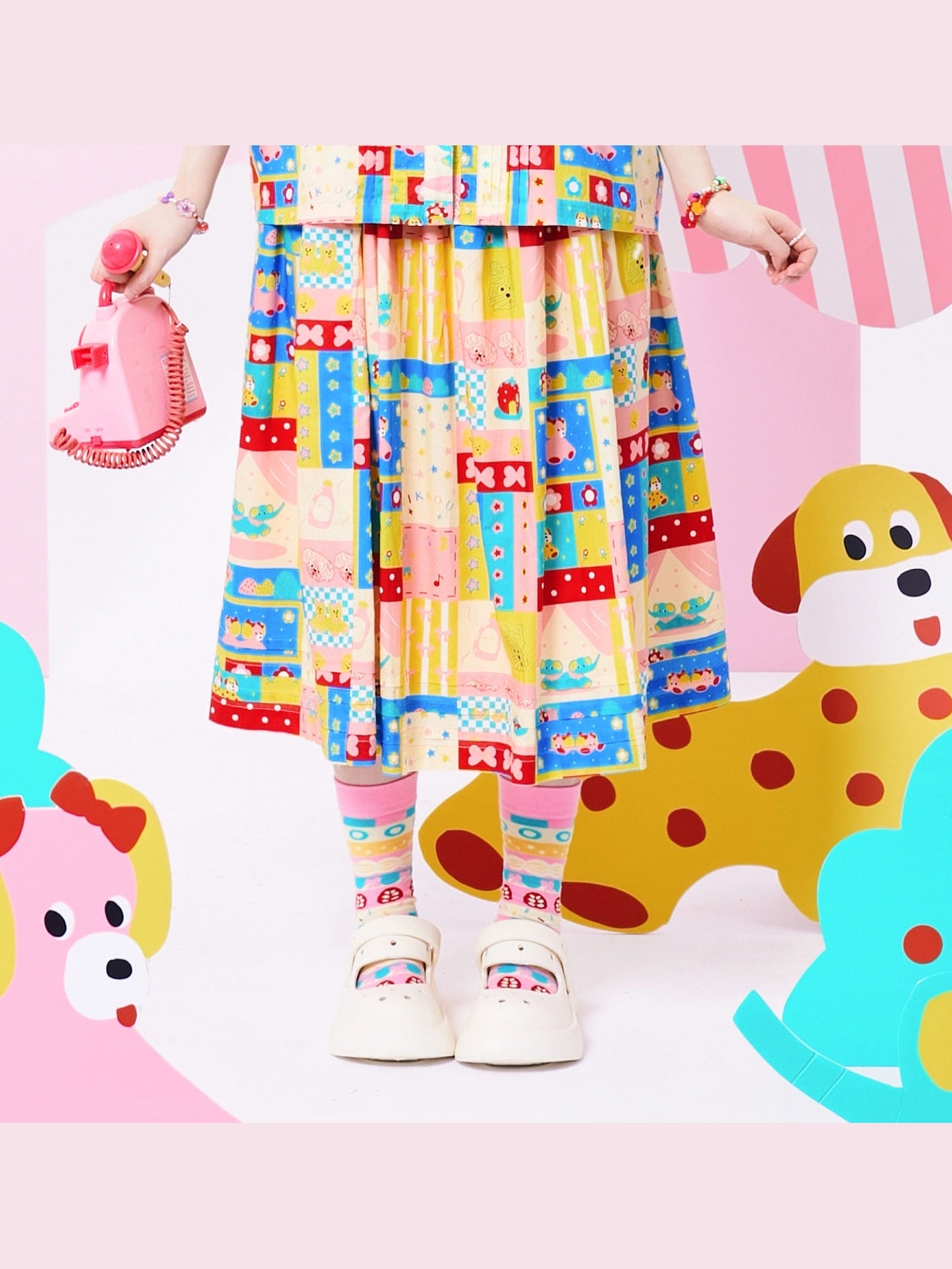 Sweet Patchwork Printed Cotton Midi Skirt