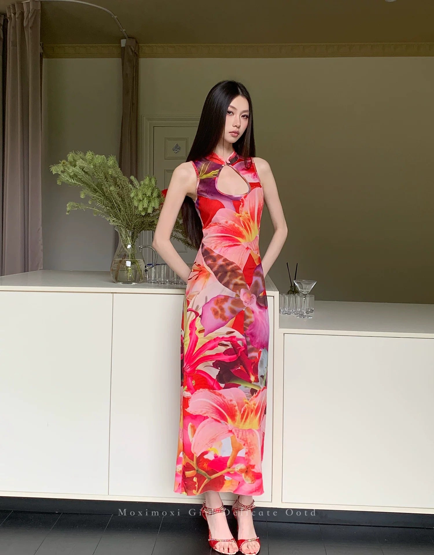 Floral Mesh Hollow-Out Cheongsam Dress - Red image 1