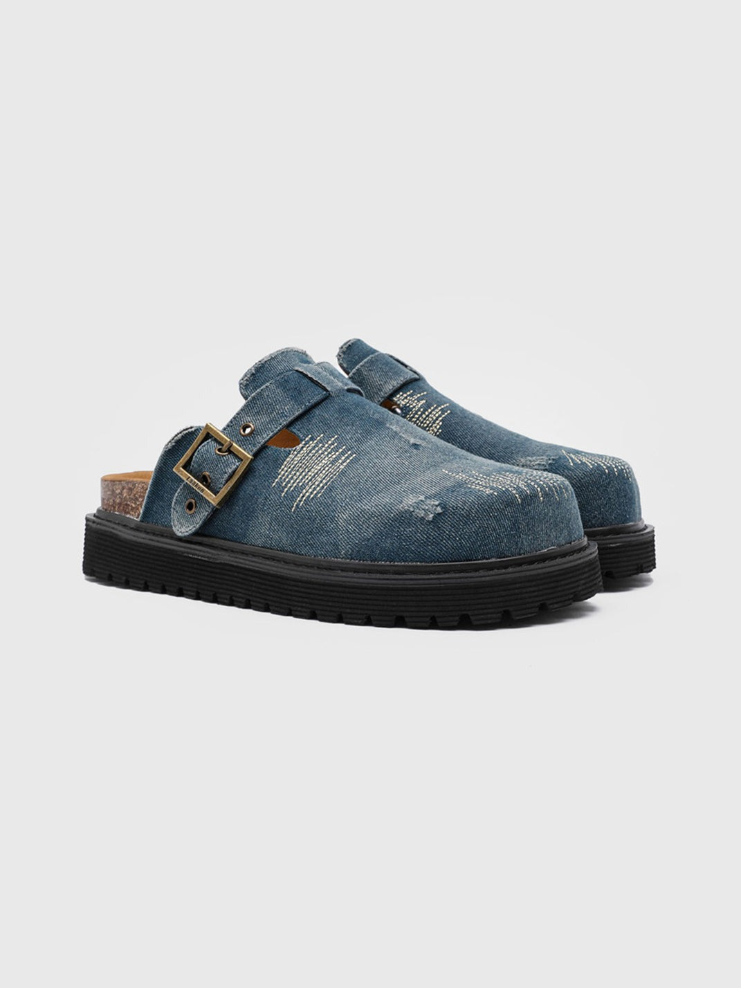 Distressed Denim Stitch Detail Buckle Strap Platform Mule Clogs image 1