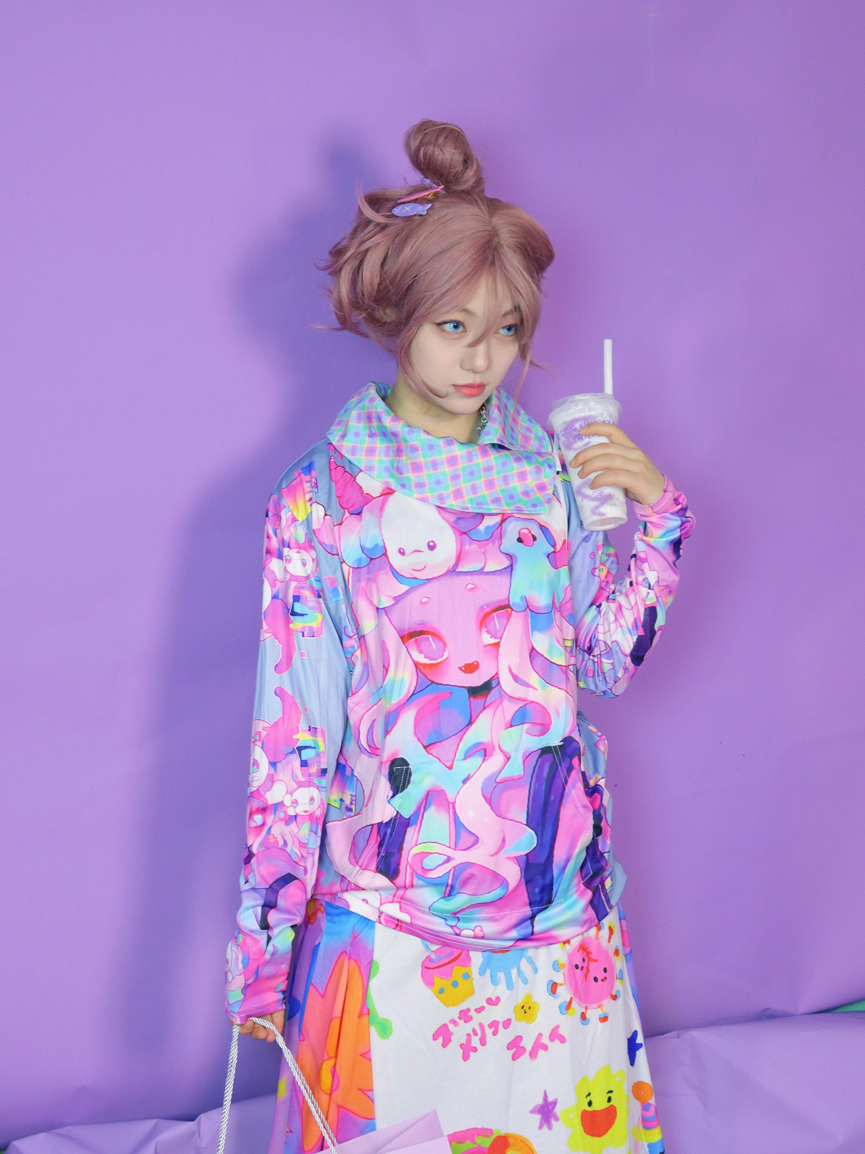 Kawaii Print Mesh Collar Sweatshirt
