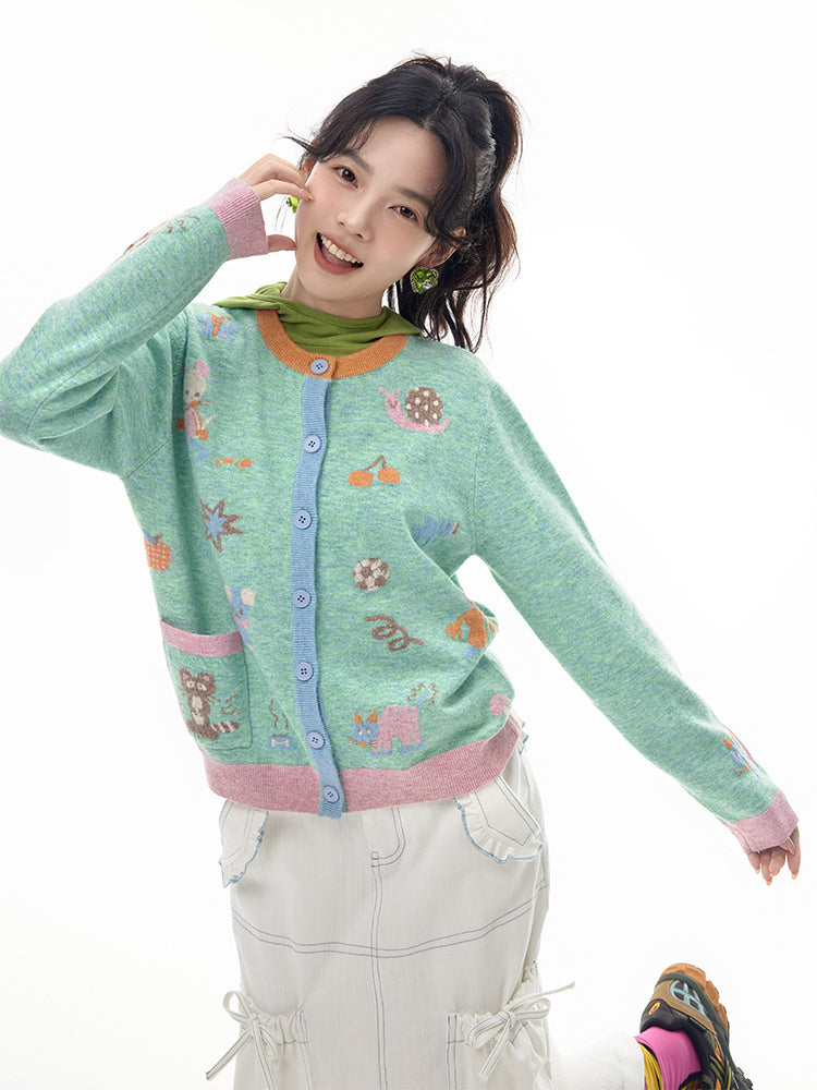 Mint Woodland Animals Button Cardigan Sweater