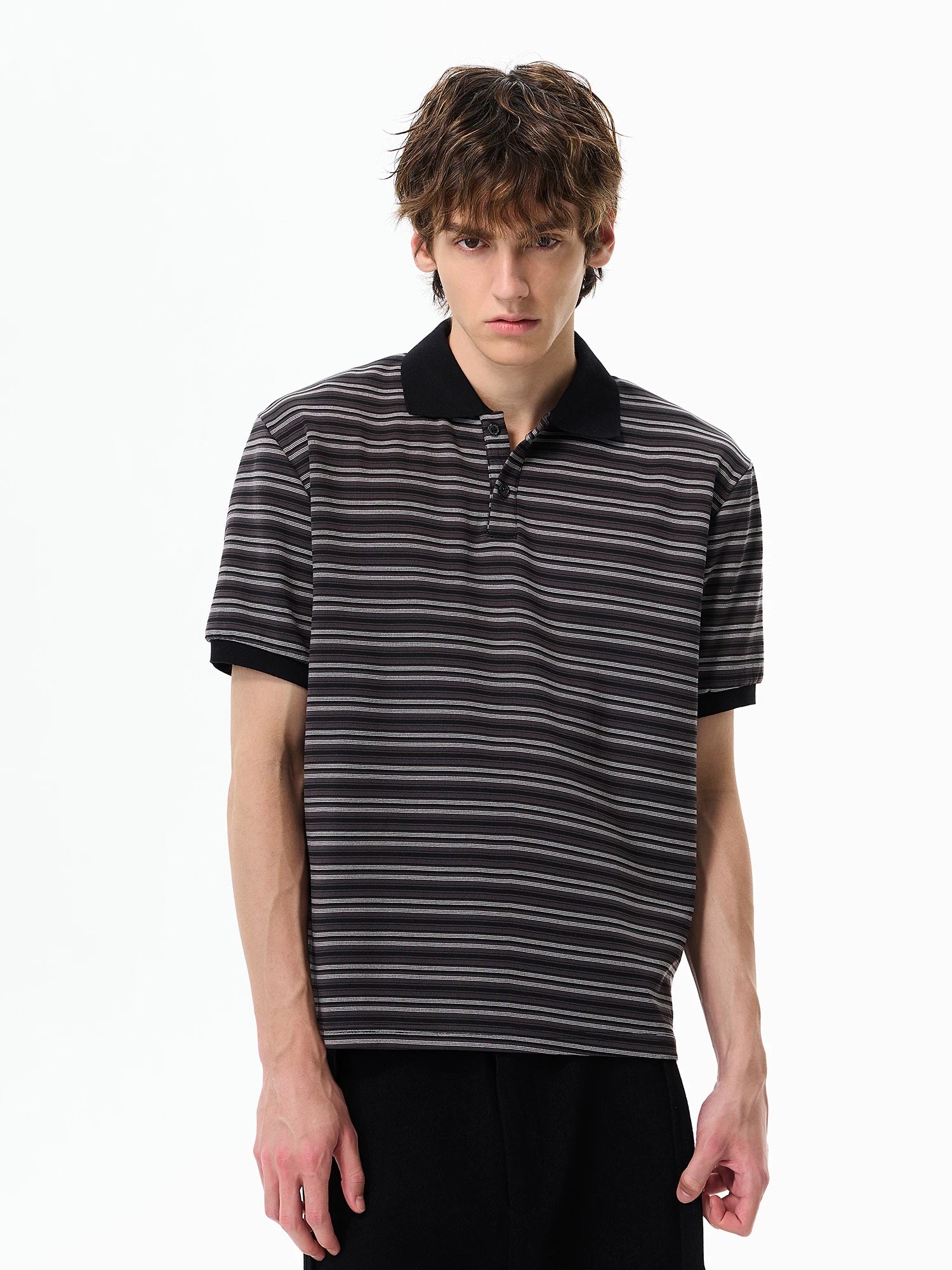 Retro Contrast-Stripe Polo T-Shirt Black front view