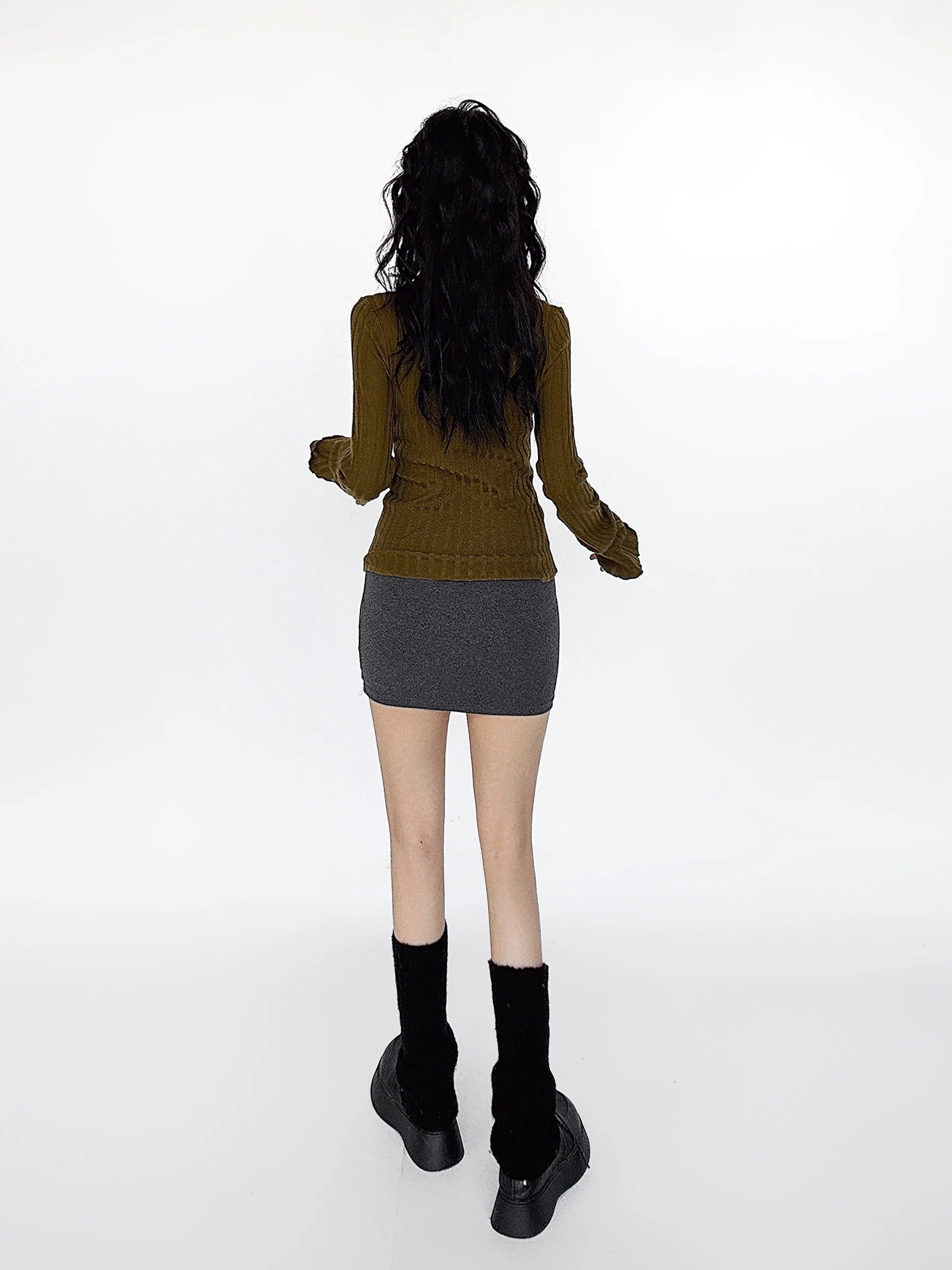 Cutout Ribbed Bell Sleeve Top