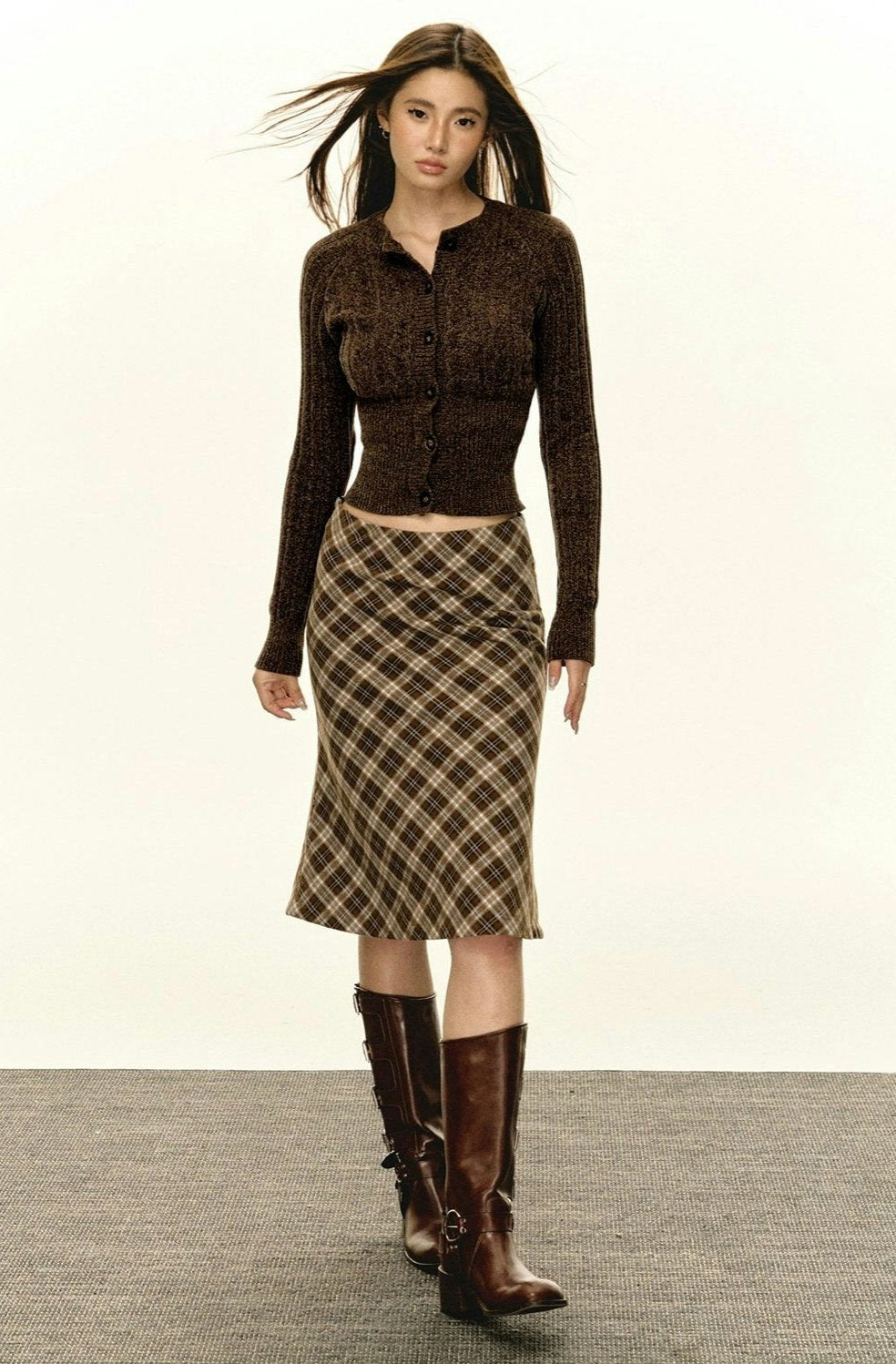 Brown Fitted Ribbed Button Cardigan