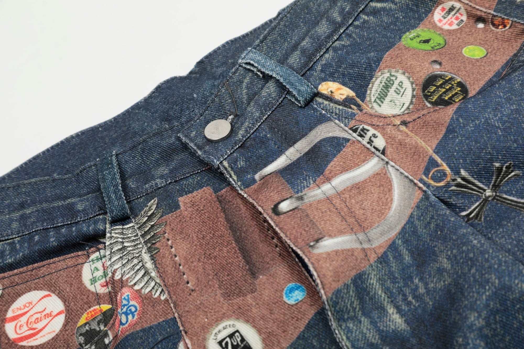 Wide-Leg Denim Shorts with Graphic Print and Button Details