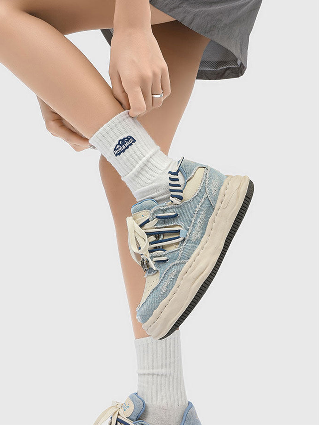 Distressed Denim Wavy Sole Sneakers with Dual-Lace Design