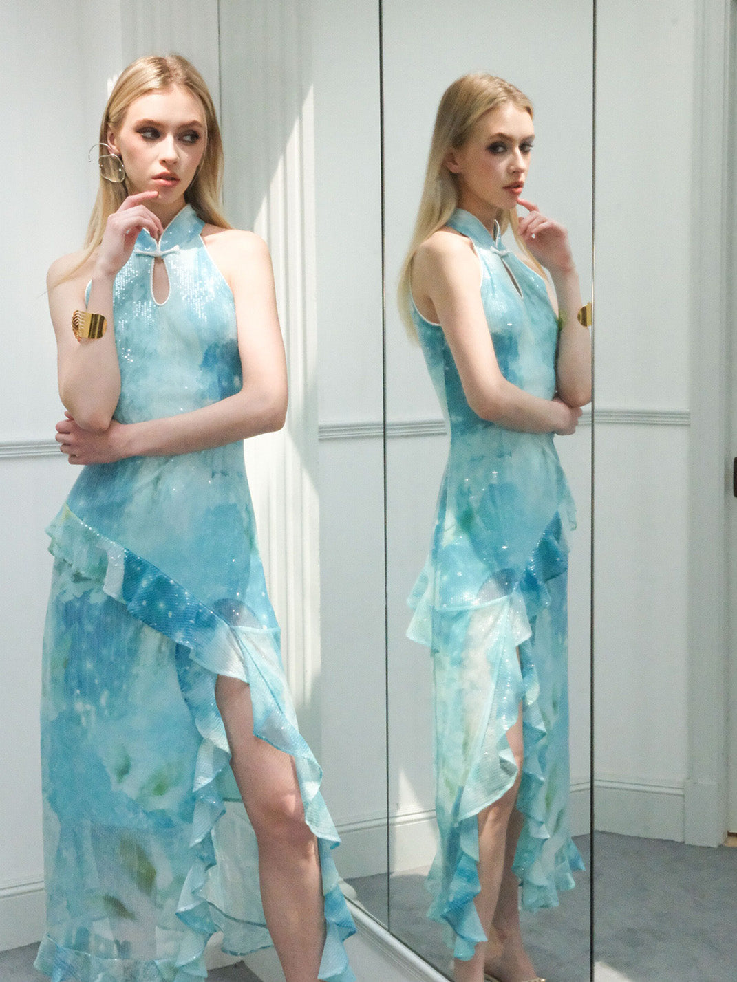 Mint Sequin Ruffle Cheongsam Dress