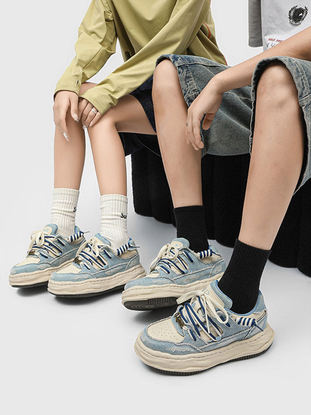 Distressed Denim Wavy Sole Sneakers with Dual-Lace Design