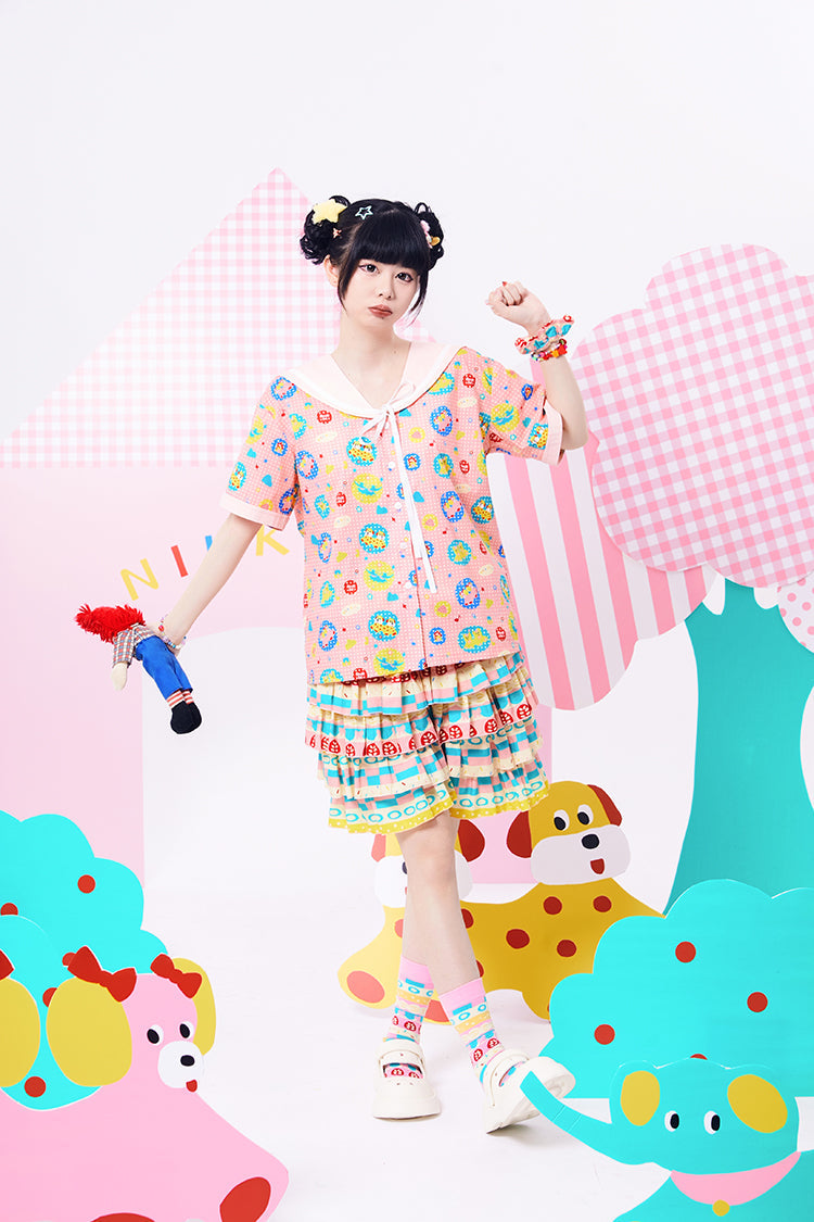 Pink Floral Sailor Collar Short Blouse